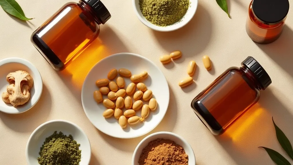 Différents compléments alimentaires posés sur une table selon les besoins : énergie, sommeil, immunité